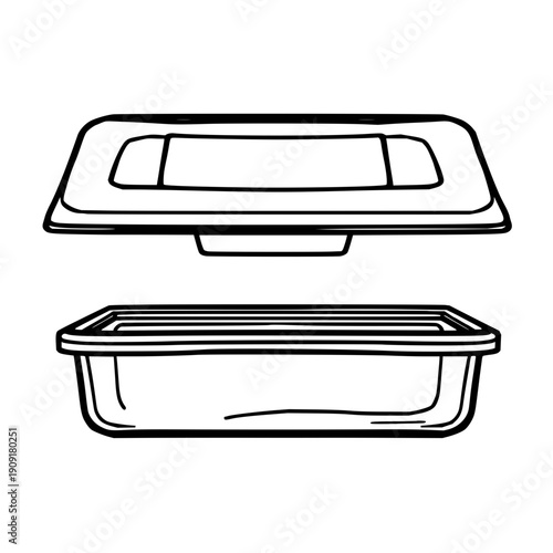 Black line art illustration of a rectangular airtight food container, ideal for minimalist kitchen organization, pantry storage, food preservation