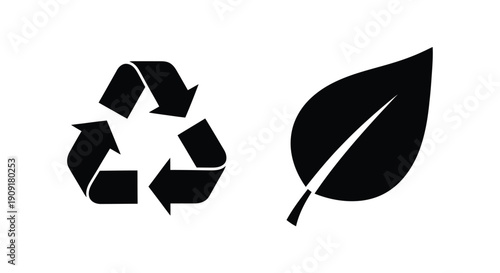 Recycling symbol and leaf illustration in a simple black and white design