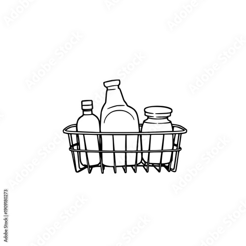 Black line art sink caddy holder illustration, minimal kitchen sink organizer design for modern plumbing setups, easy to install