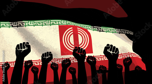 Protest crowd with raised fists in front of Iran flag illustration, powerful concept of resistance revolution unity political activism and freedom