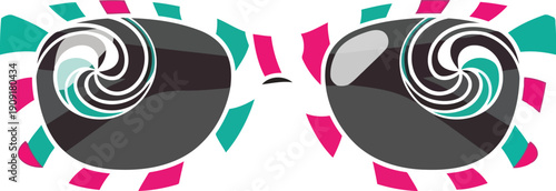 Retro Psychedelic Sunglasses Illustration with Swirl Lenses and Vibrant Pop Art Colors