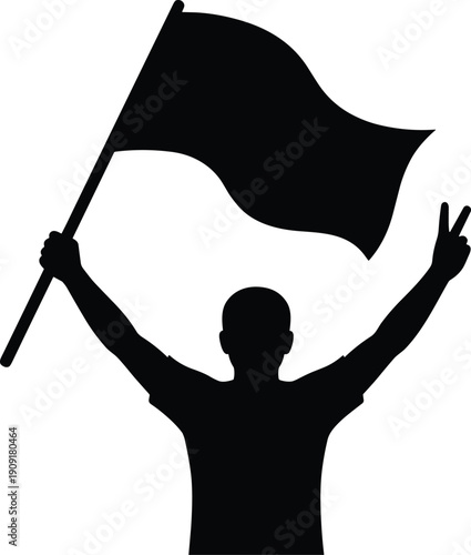 Silhouette of victorious protester holding flag and showing peace sign against sky symbol of freedom unity and revolution during public uprising