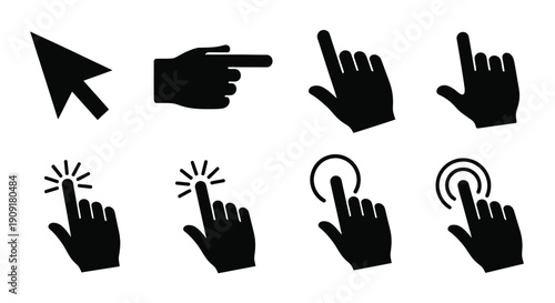 Collection of black hand icons depicting various pointing and touching gestures