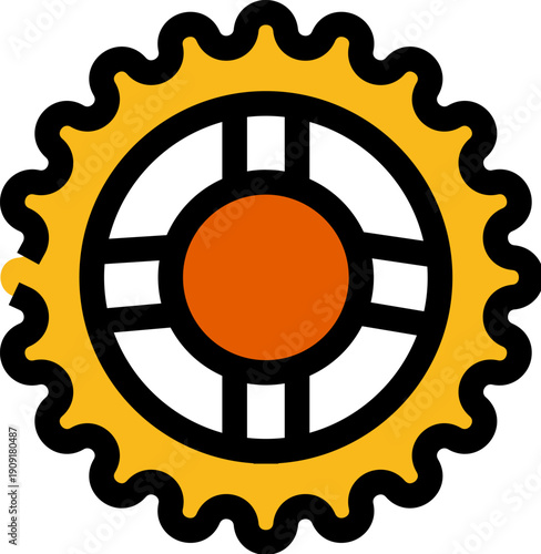 Yellow cogwheel design featuring an orange center and black lines, symbolizing industrial settings, mechanical elements, and technological innovation as a versatile icon