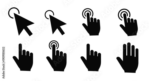Various black silhouettes of pointing hand cursors and hands