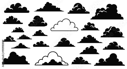Diverse collection of twenty-one cloud silhouettes in black and white showcasing various fluffy shapes and sizes for design use.