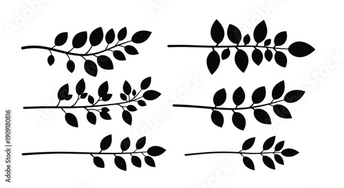 Set of six black silhouettes of botanical branches with small leaves arranged in various horizontal orientations on a white background.