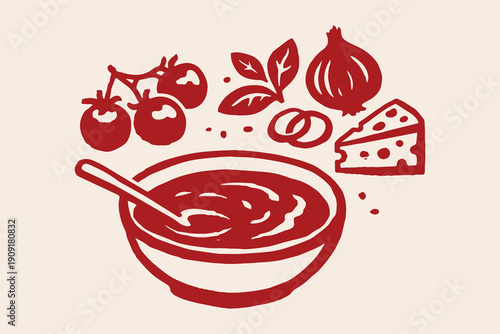 Tomato sauce bowl with ingredients doodle vector illustration