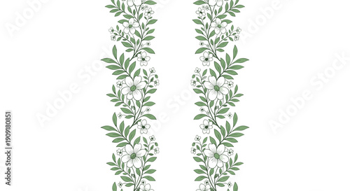 Elegant vertical floral border design featuring green leaves and white flowers in a delicate repeating pattern on white.