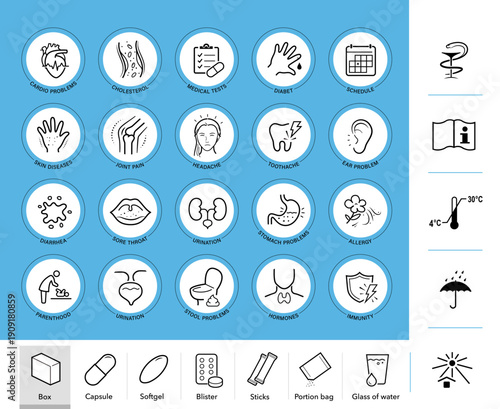 Medical diagnostic, pharmacy and health set icons. Vector elements. Perfect for health and wellness and pharmacy graphics, this versatile icon set is ideal for health projects. EPS10.