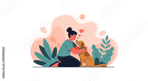Young woman kneeling and hugging her pet dog affectionately with hearts above them against a soft abstract background.