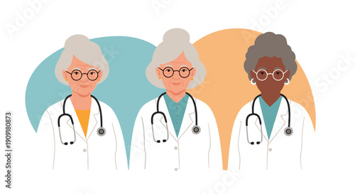 Three senior female doctors with gray hair and glasses wearing white coats and stethoscopes standing side by side.