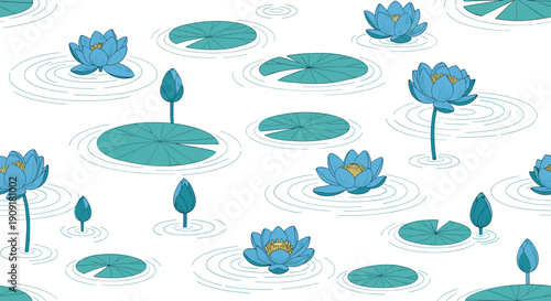Seamless repeating pattern of blue lotus flowers and flower buds floating on white water with circular ripples.
