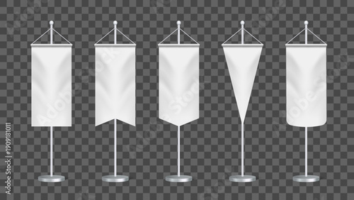 White Long Pennant Banner Mockup Set on Stand, Blank Vertical Flag Templates Isolated on Transparent Background Vector Illustration