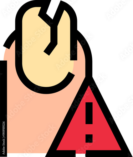 Icon presenting a broken fingernail next to a red triangular warning sign, symbolizing brittle nail health issues and calling attention to potential damage