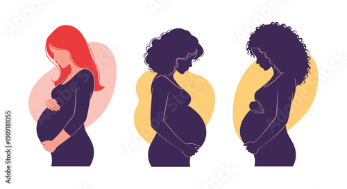 Three silhouettes of pregnant women with different hair styles and poses on colorful abstract shapes background.