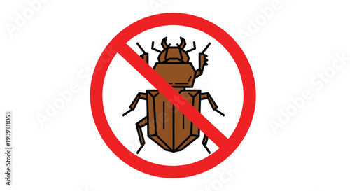 Red prohibition stop sign over a brown beetle insect representing professional pest control or protection from bugs.