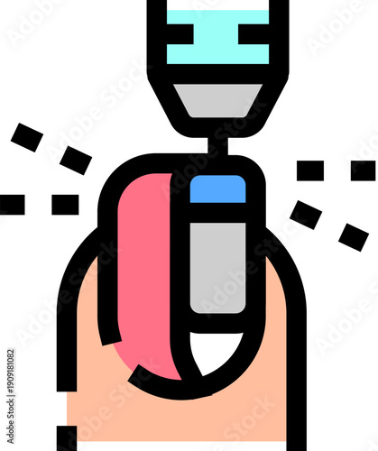 Hand receiving precision manicure and pedicure with an electric file machine, showcasing professional nail technician care for clean, shaped nails, cuticle grooming and polished finish