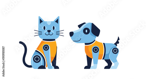 Cute cartoon robot cat and dog characters wearing orange vests on white background for technology concept.