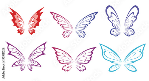 Collection of six pairs of colorful and decorative butterfly wings silhouettes for fairy or fantasy design project.