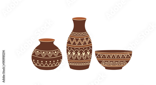 Three traditional ceramic pottery items including antique pots and bowl with ethnic patterns on white background.