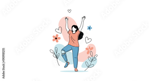 Happy woman with prosthetic leg dancing with raised hands among colorful flowers and hearts on white background.