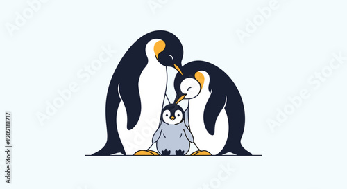 Cute cartoon illustration of penguin family with two adults and one small baby chick on light blue background.