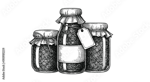 Detailed hand drawn illustration of three jars of homemade jam or honey with fabric covers and labels in vintage style.