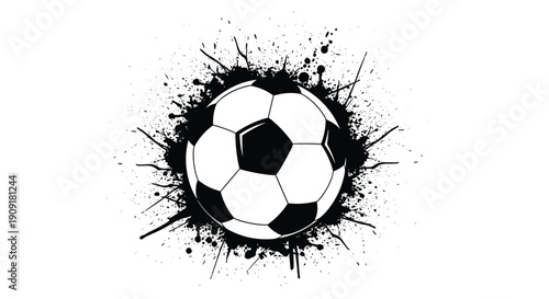 Dynamic soccer ball illustration is surrounded by black ink splatters and paint drips on a clean white background for sports theme design.