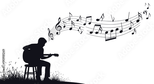 Silhouette of a musician sitting on a stool and playing a guitar in high grass with musical notes flowing like smoke into the air above.