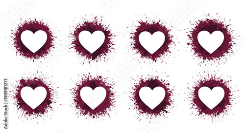 Collection of eight white heart silhouettes is centered on deep purple paint splashes and ink splatters for a romantic and artistic design.