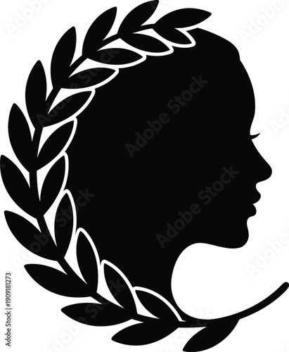 Elegant Female Silhouette Profile with Laurel Wreath Vector Icon for Awards and Beauty Concepts