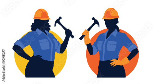 Two female construction workers in hard hats and blue shirts pose with hammers over yellow and orange circles in a bold graphic silhouette.