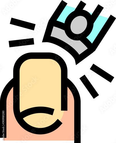 Fingernail experiencing trauma and damage, with a broken nail fragment flying off and radiating lines indicating pain or impact, symbolizing injury, health issues, and urgent care