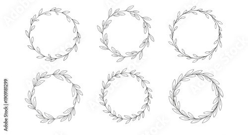 Collection of six simple leaf wreaths is drawn in black ink with delicate foliage and circular shapes for minimalist wedding or logo design.
