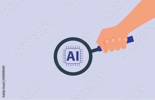 Magnifying glass over artificial intelligence chip, research on AI, and the possibility of AI