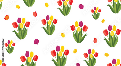 Bright seamless pattern features colorful tulip bouquets in red, yellow, and purple with green leaves scattered on a clean white background.