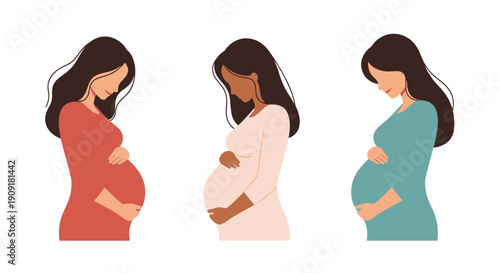 Three silhouettes of pregnant women with flowing hair are shown in profiles wearing red, beige, and blue dresses for motherhood themes.