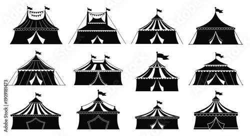 Collection of twelve different circus tent silhouettes is presented in black on a white background showing various big top designs.