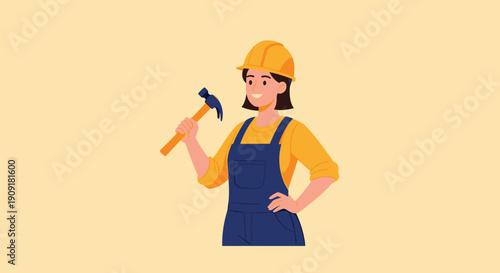 Cheerful female construction worker in a hard hat and blue overalls holds a hammer confidently against a warm yellow background.