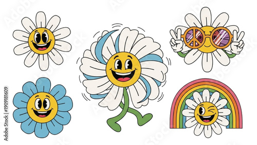 A vibrant collection of cartoon flowers and rainbow with smiley faces, illustration, playful scene, colorful, cheerful