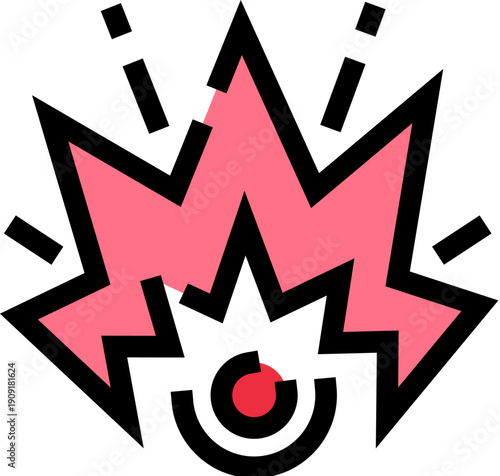 Comic style explosion icon depicting a sudden burst or impact, featuring a bright pink cloud with sharp black outlines radiating from a central red and black core, indicating dynamic energy