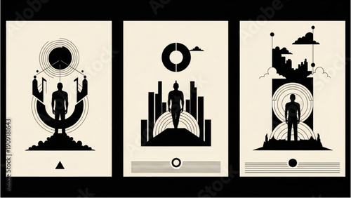 Minimalist silhouette illustrations of people and cities from unique viewpoints