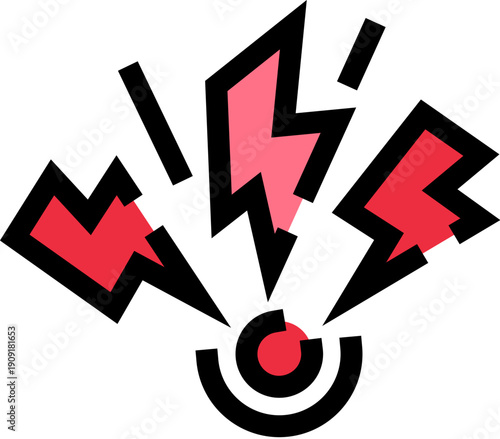 Red circular spot with radiating lightning bolts and lines representing a painful sensation, medical symptom, or injury, signifying discomfort or throbbing ache