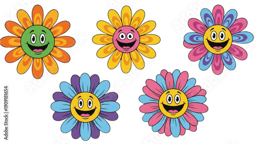 Vibrant cartoon flowers with smiling faces arranged in a scattered pattern on a clean background viewed from directly above
