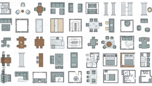 Collection of various architectural elements and furniture designs illustrated in a 2D isometric style from a top-down viewpoint