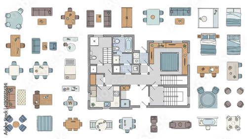 Modern home interior design illustration featuring furniture and floorplan layout in a clean and minimalist style from a top-down viewpoint