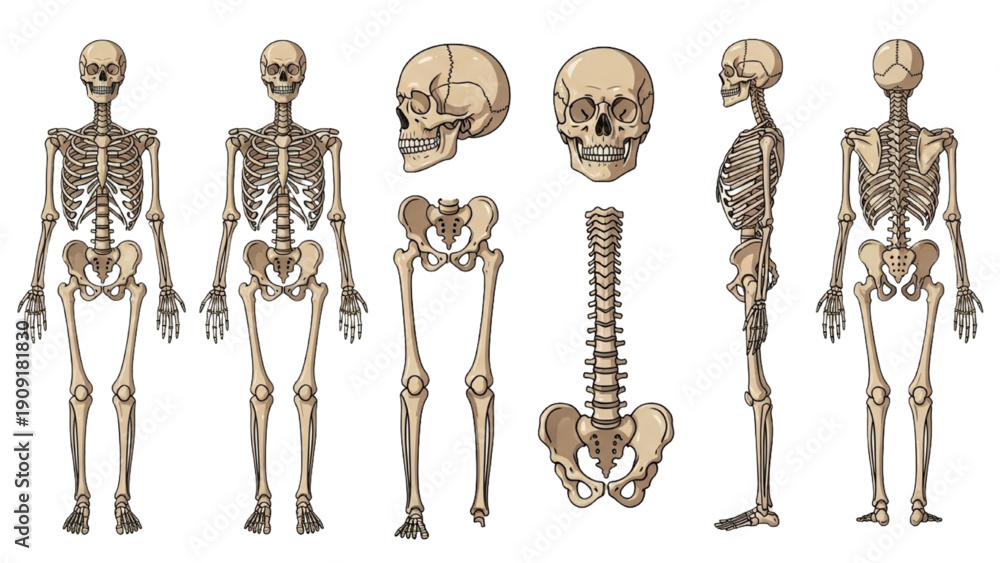 Αυτοκόλλητο Multiple human skeletons in various poses and isolated body parts displayed from
