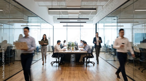 A dynamic wide view captures the bustling energy of a modern open-plan office, with employees walking and working.