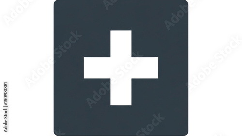 A white cross symbol on a dark gray square icon, viewed directly, representing a medical or first aid concept